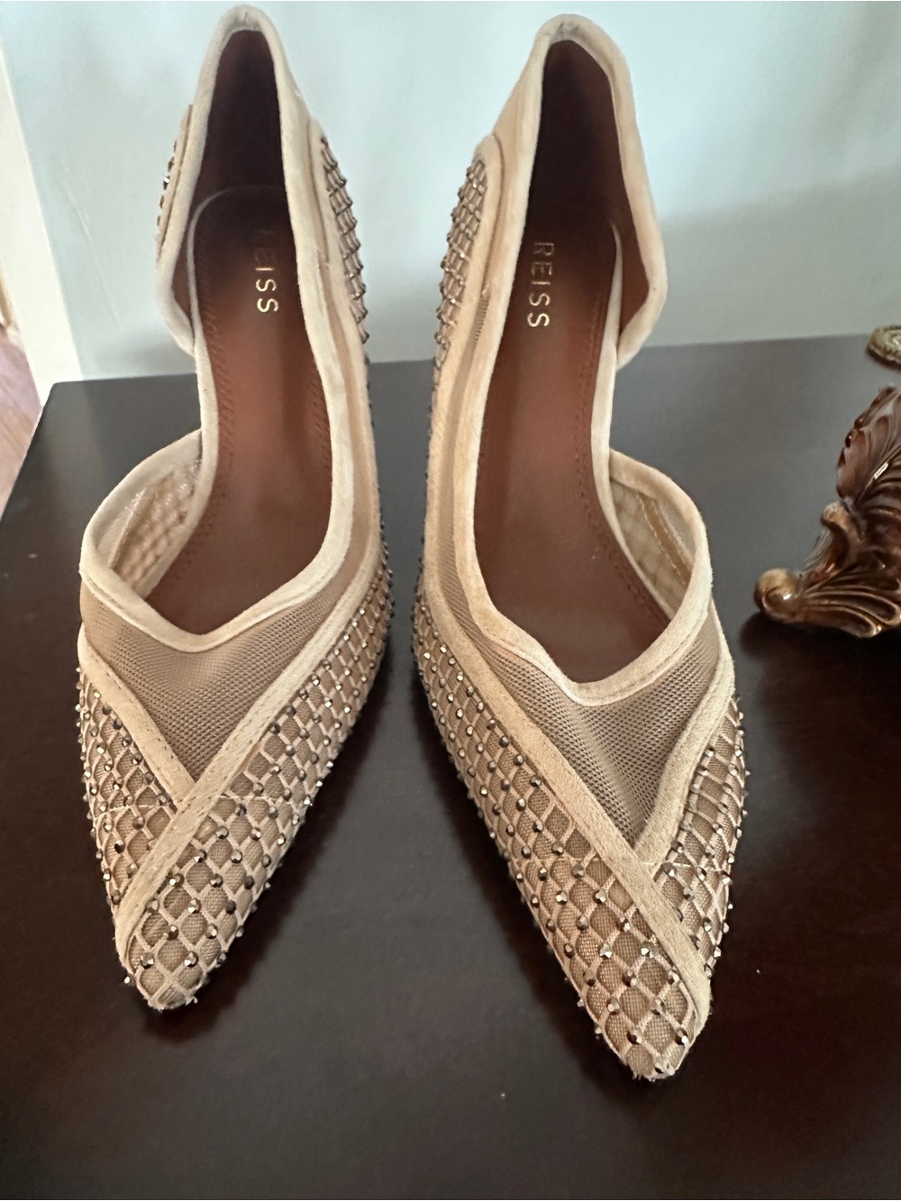 Reiss Nude-Beige Pointed-Toe Embellished Heels 16cm heels like new